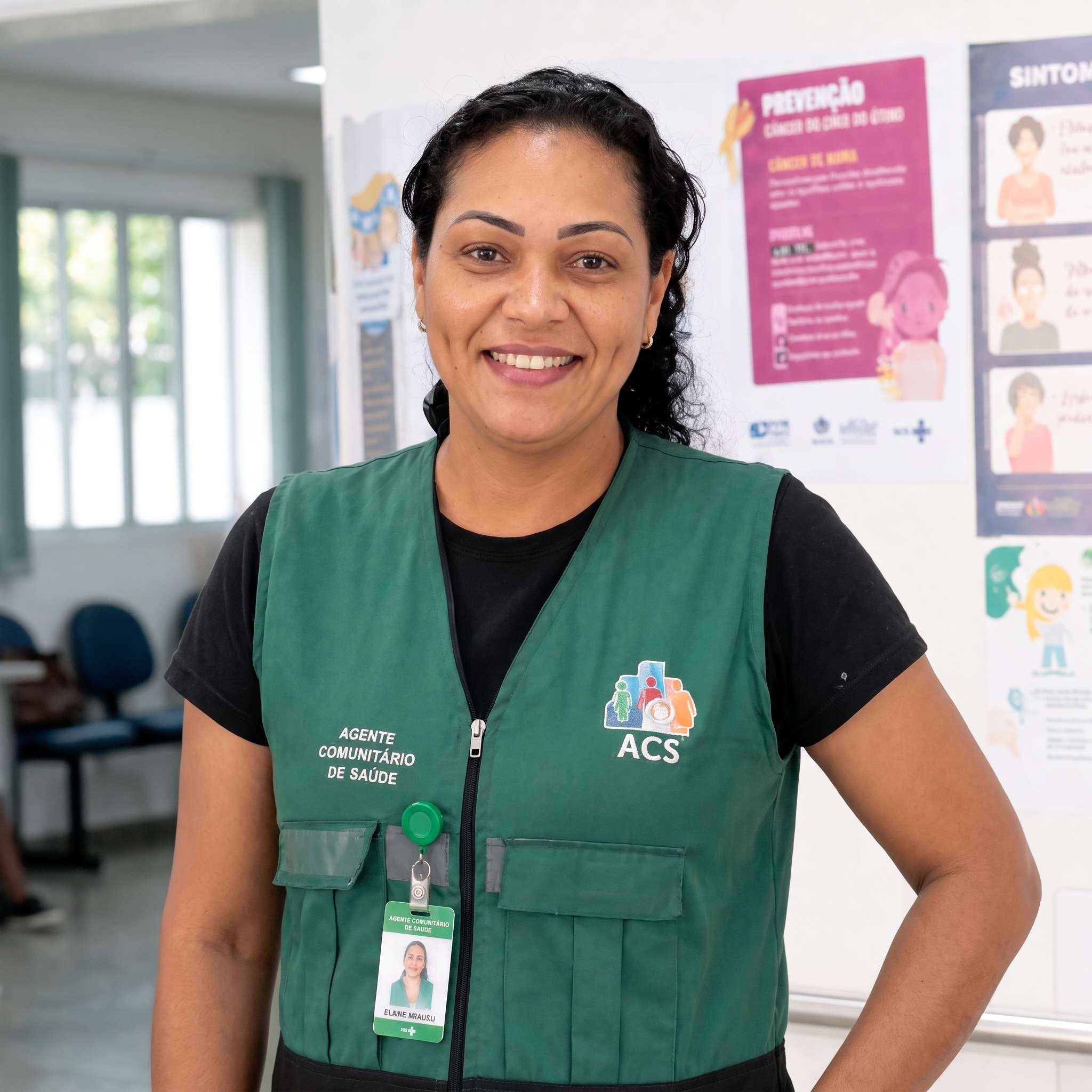 Agente Comunitária de Saúde com colete verde e crachá ACS — criadora do Kit ACS Saúde Brasil 360