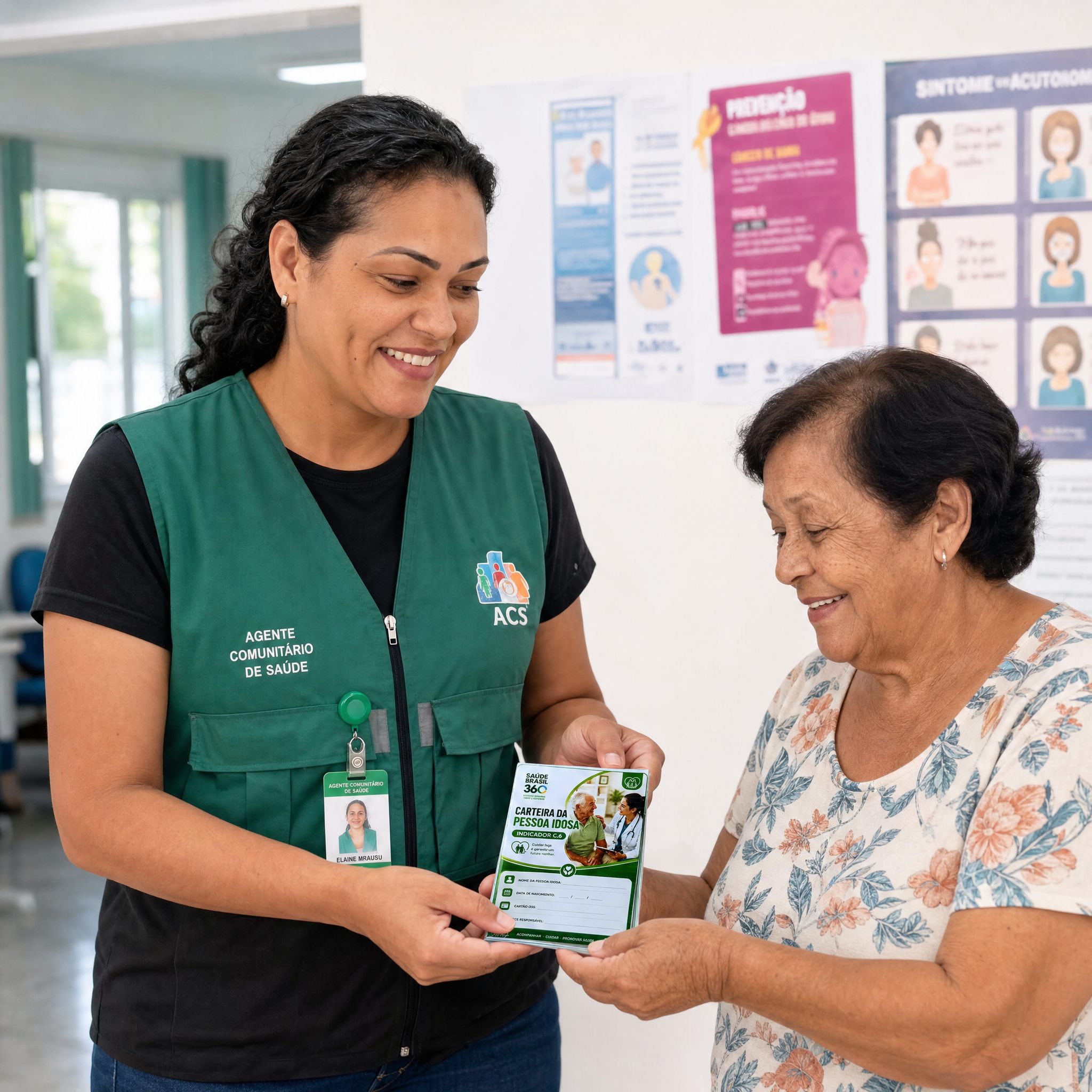 ACS entregando a Carteirinha da Pessoa Idosa para uma paciente na unidade de saúde